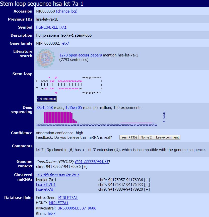 miRNA详细信息页面
